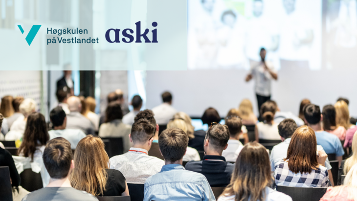 Bilde av en foredragsholder og publikum, med logoen til Aski og Høgskulen i Vestlandet